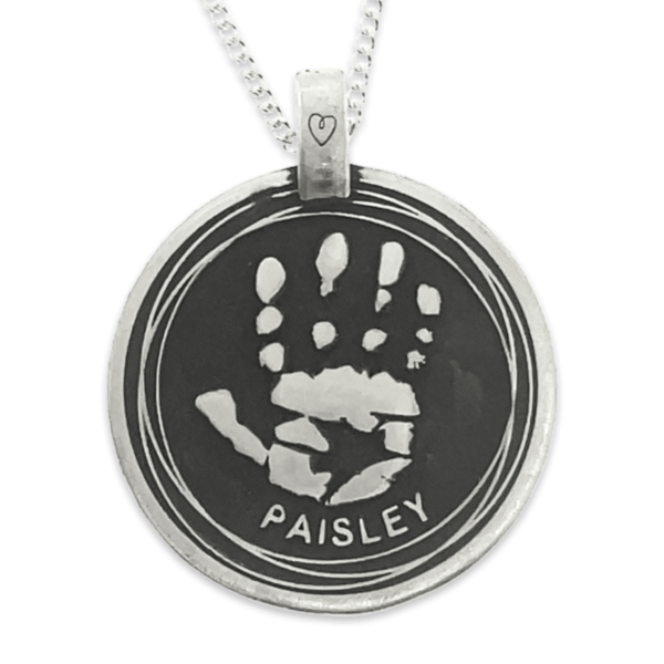 Round, Swirl Border, Blackened – Handprint or Footprint || Sterling Silver