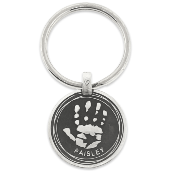 Round, Swirl Border, Blackened – Handprint or Footprint Keyring || Sterling Silver